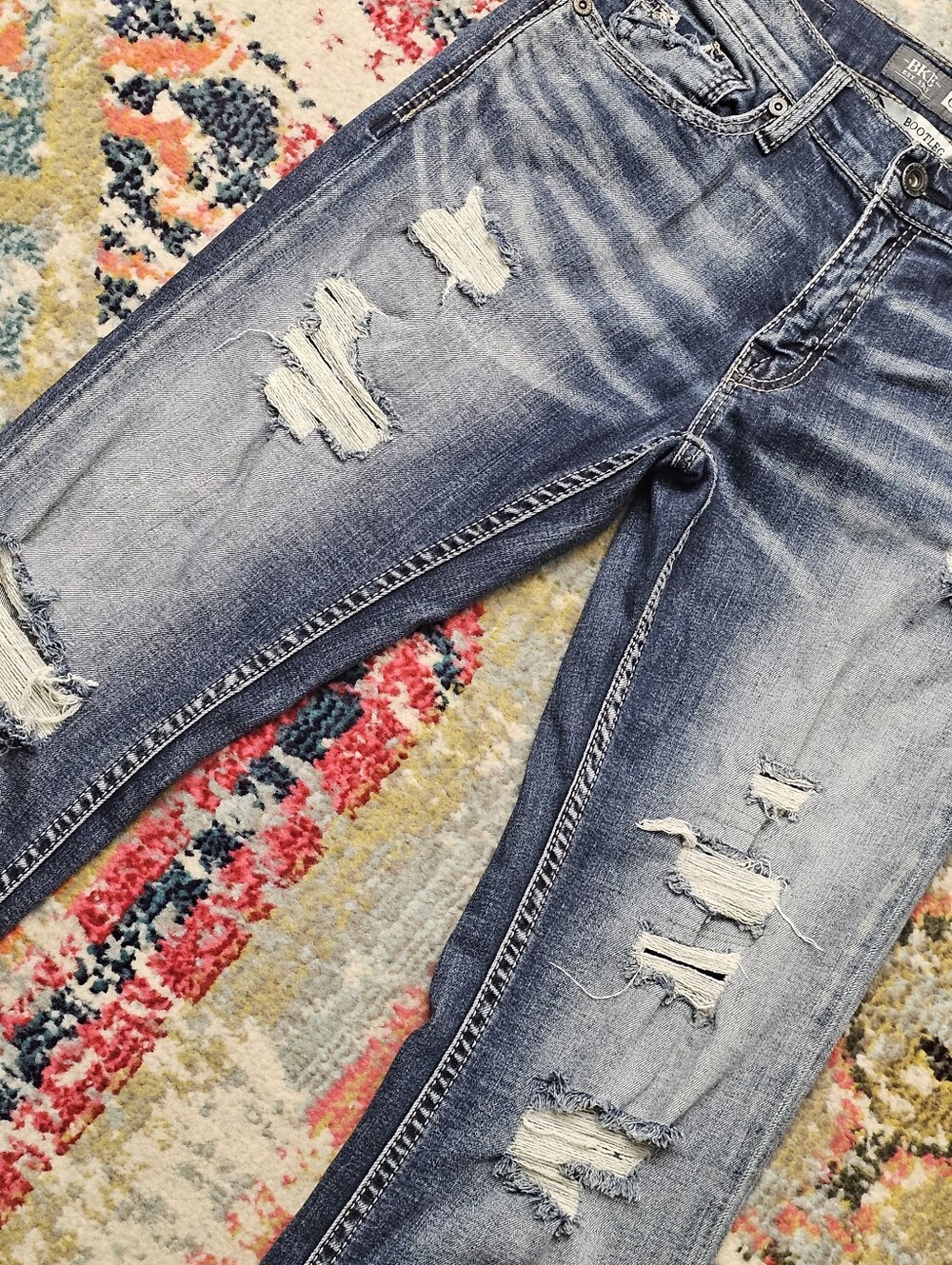 BKE Buckle Jeans Mens Carter Bootleg 30L 30x35 Blue Denim Medium Wash Distressed - Picture 3 of 14
